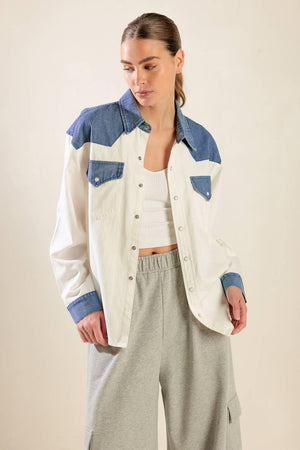 KEEP IT GOING WOVEN AND DENIM SHIRT.