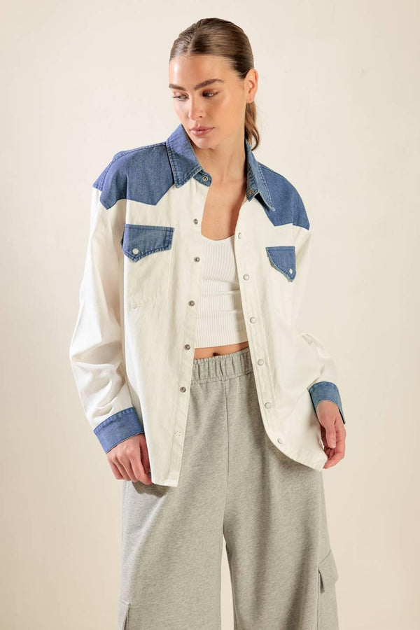 KEEP IT GOING WOVEN AND DENIM SHIRT.