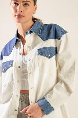 KEEP IT GOING WOVEN AND DENIM SHIRT.