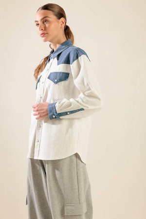 KEEP IT GOING WOVEN AND DENIM SHIRT.