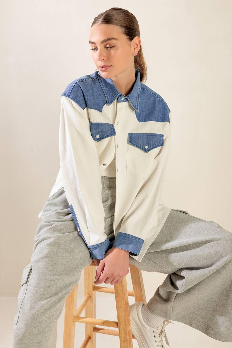 KEEP IT GOING WOVEN AND DENIM SHIRT.