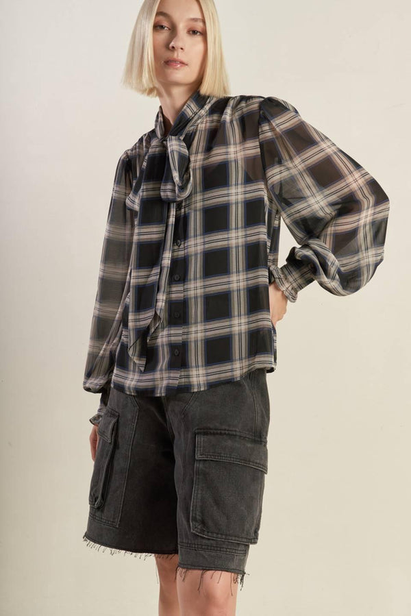 LOVELY INTUITION WOVEN PLAID TOP.