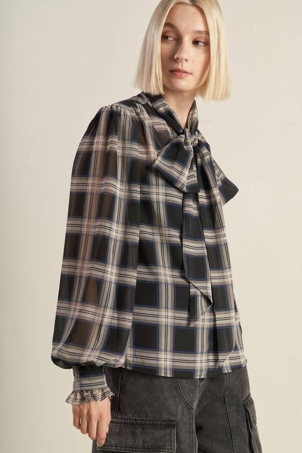 LOVELY INTUITION WOVEN PLAID TOP.