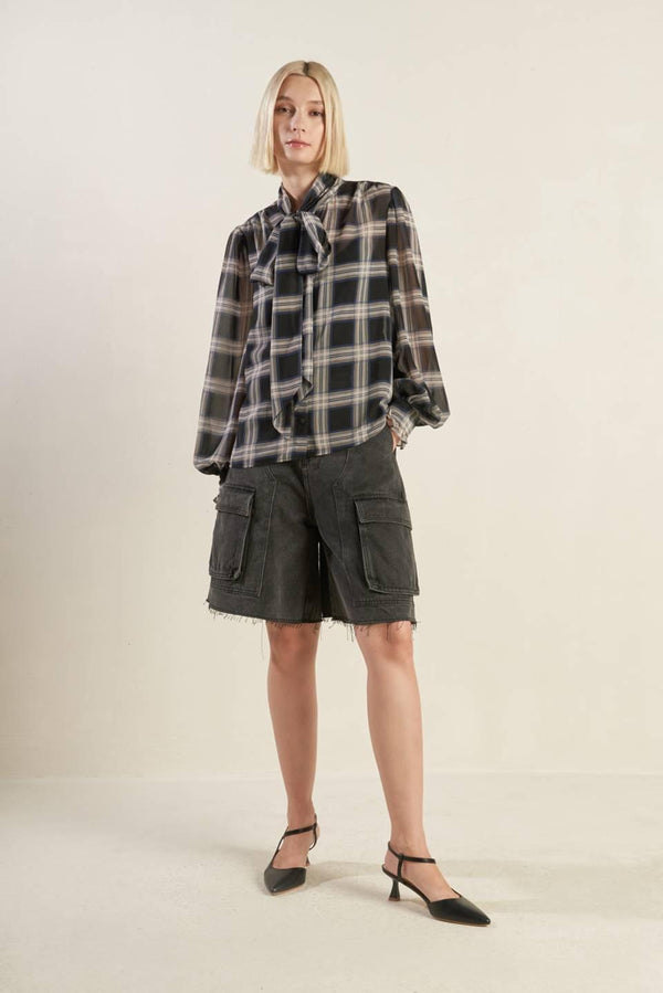 LOVELY INTUITION WOVEN PLAID TOP.