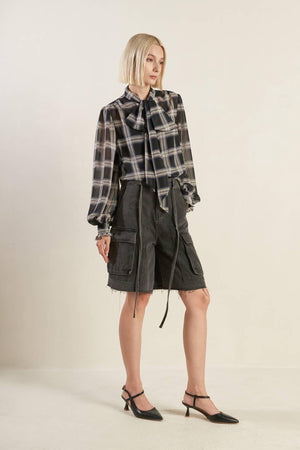 LOVELY INTUITION WOVEN PLAID TOP.