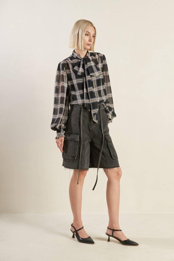 LOVELY INTUITION WOVEN PLAID TOP.