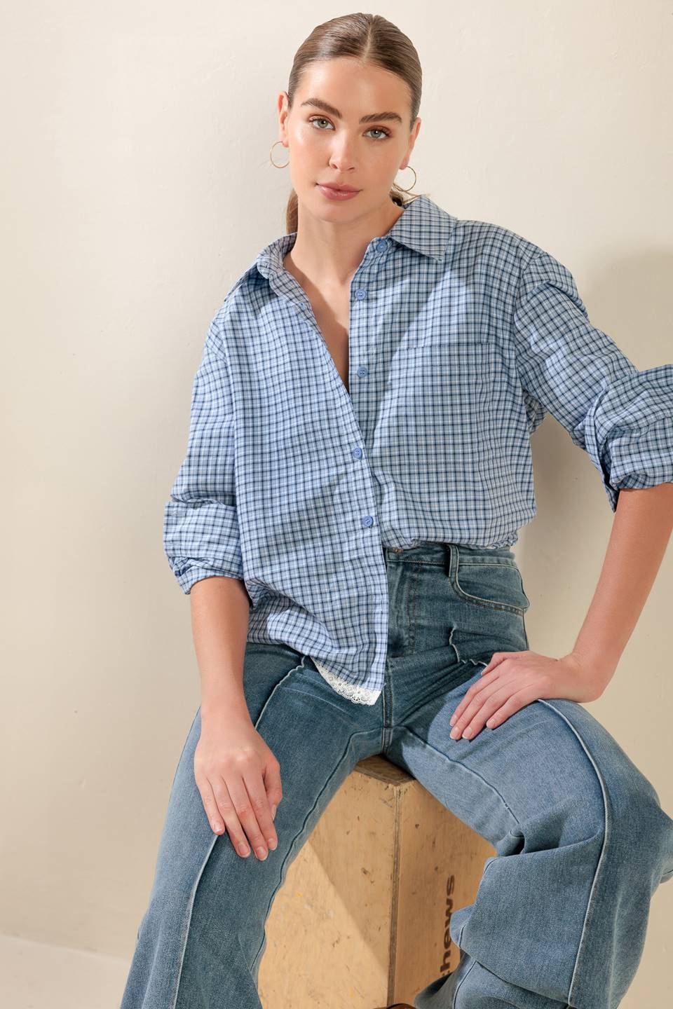 A plaid woven top featuring button down, long sleeve and lace trim hemline
Details:
Self : 100% Cotton
(exclusive of decoration)
Size & Fit
- Model is 5`8" And Wearing Size Small
- Measurements Taken From Size Small
- Approx. Length: 24"