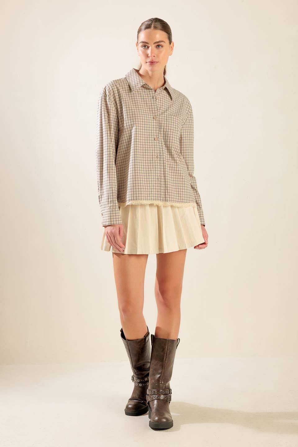 
A plaid woven top featuring button down, long sleeve and lace trim hemline

Details:

Self : 100% Cotton
(exclusive of decoration)

Size &amp; Fit

- Model is 5`8" And Wearing Size Small
- Measurements Taken From Size Small
- Approx. Length: 24"