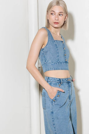 EVER SO SWEET LIGHT INDIGO DENIM TOP.