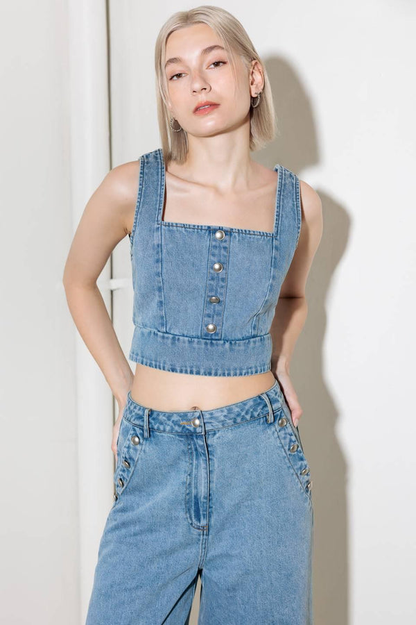 EVER SO SWEET LIGHT INDIGO DENIM TOP.