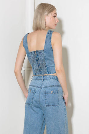 EVER SO SWEET LIGHT INDIGO DENIM TOP.