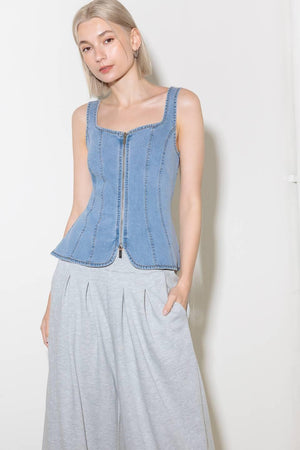 ALMOST ANGELIC LIGHT INDIGO DENIM TOP.