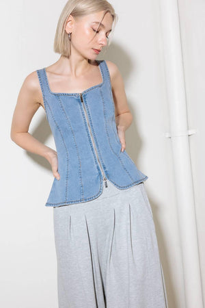 ALMOST ANGELIC LIGHT INDIGO DENIM TOP.