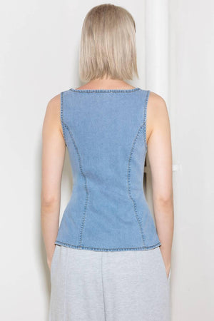 ALMOST ANGELIC LIGHT INDIGO DENIM TOP.