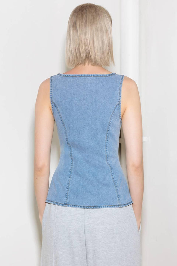 ALMOST ANGELIC LIGHT INDIGO DENIM TOP.