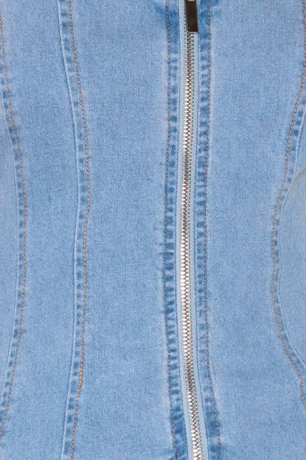 ALMOST ANGELIC LIGHT INDIGO DENIM TOP.