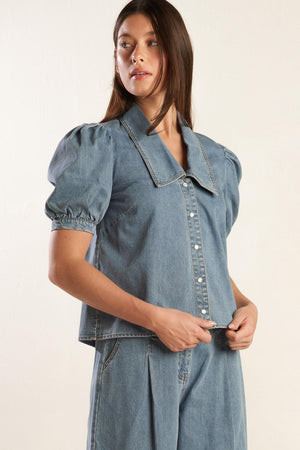ETERNAL SUNSHINE CHAMBRAY DENIM TOP.