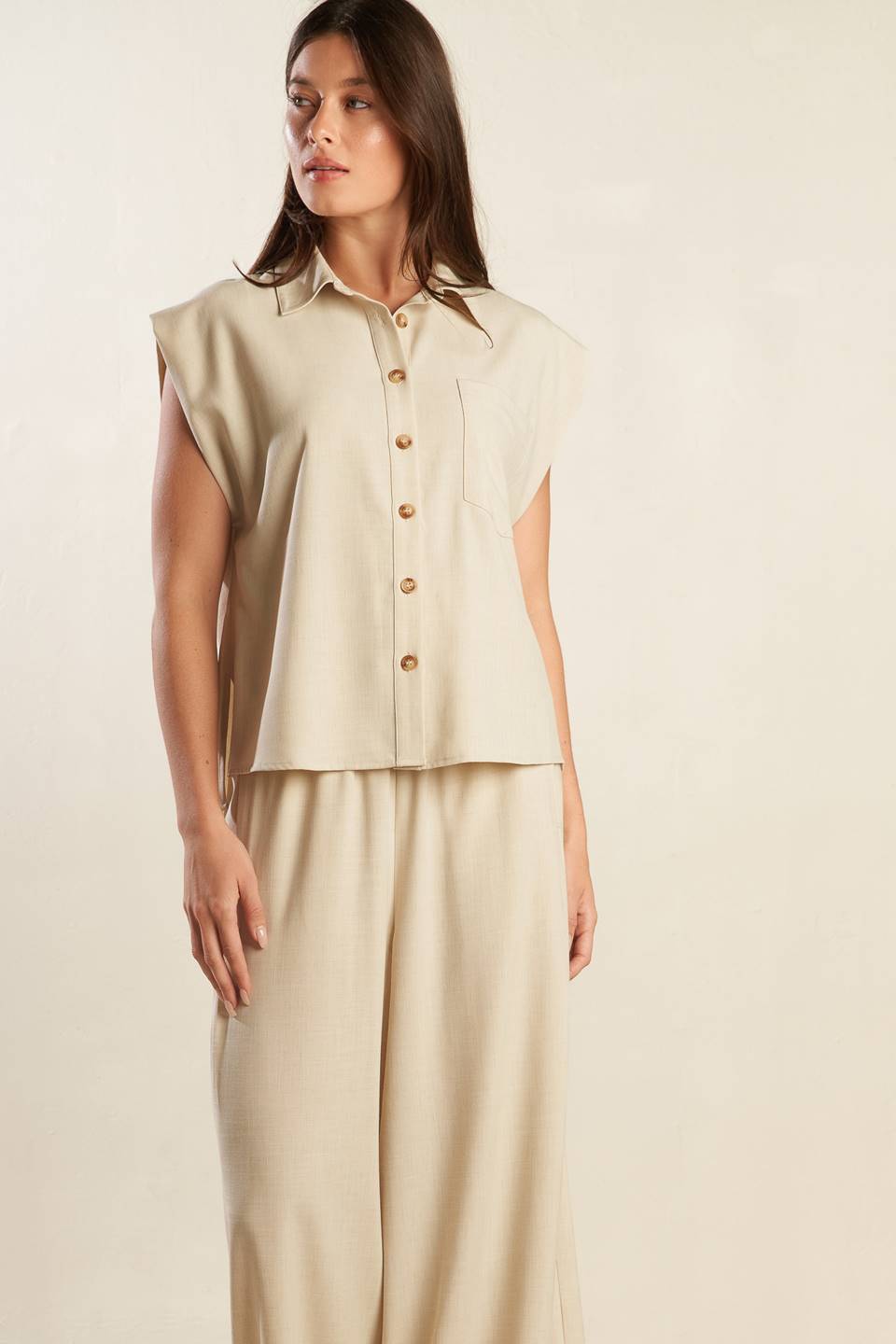 A beige, sleeveless, front button-down, solid woven shirt with collar neck.