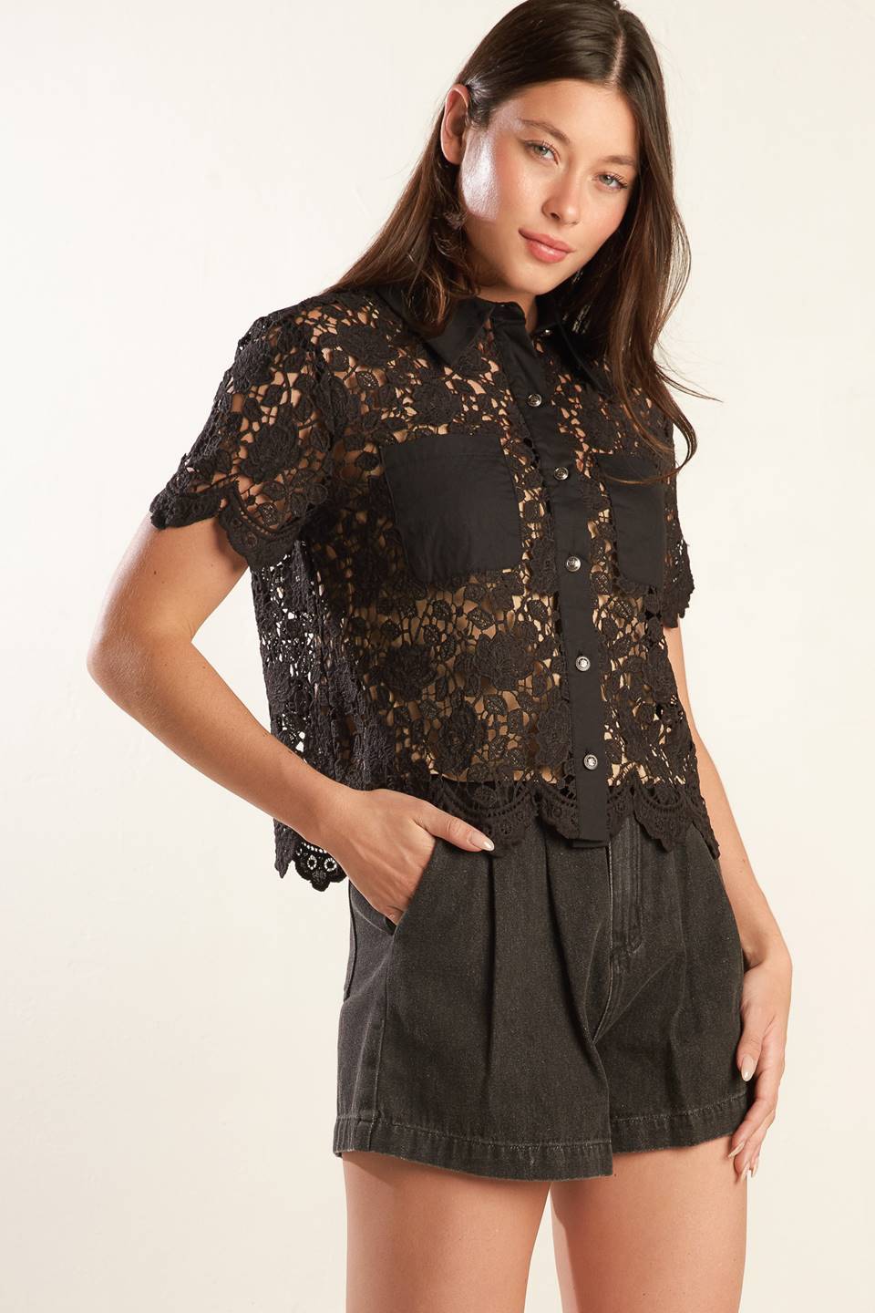 A black woven lace top with a collar, button down, and short sleeve 