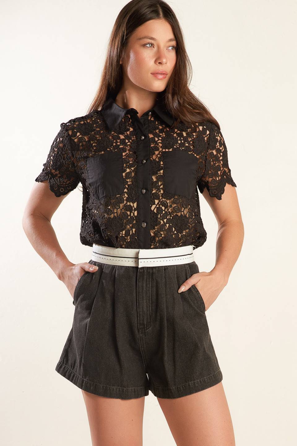 A black woven lace top with a collar, button down, and short sleeve 