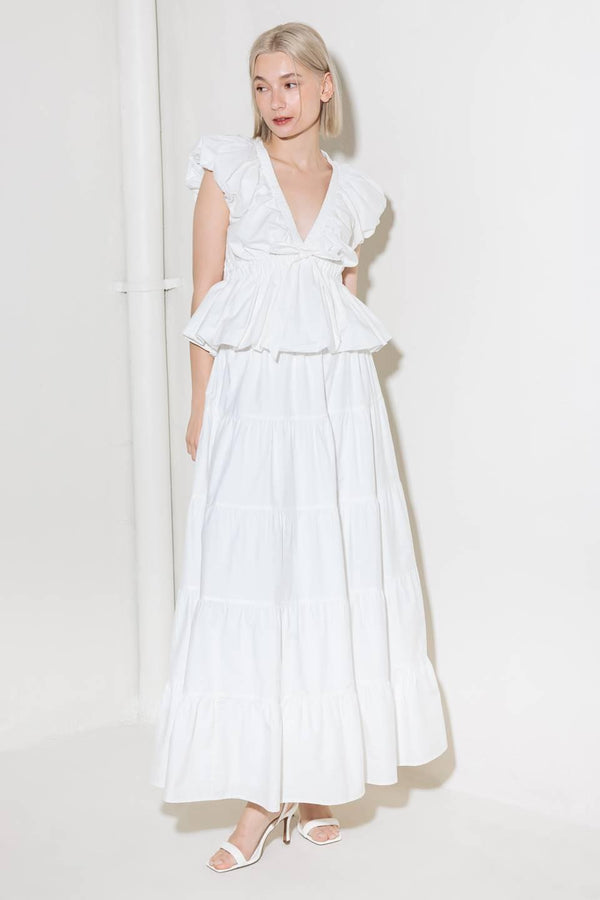 SLOW DOWN IN WHITE WOVEN TOP.