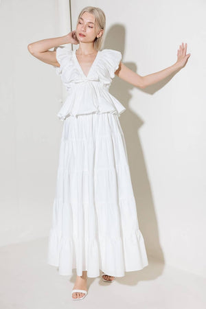 SLOW DOWN IN WHITE WOVEN TOP.