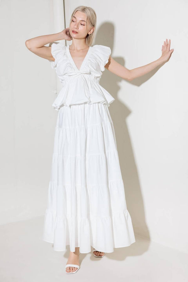 SLOW DOWN IN WHITE WOVEN TOP.