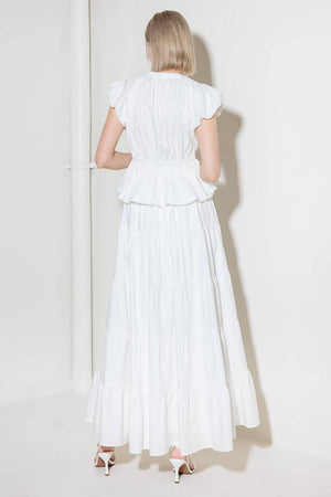 SLOW DOWN IN WHITE WOVEN TOP.