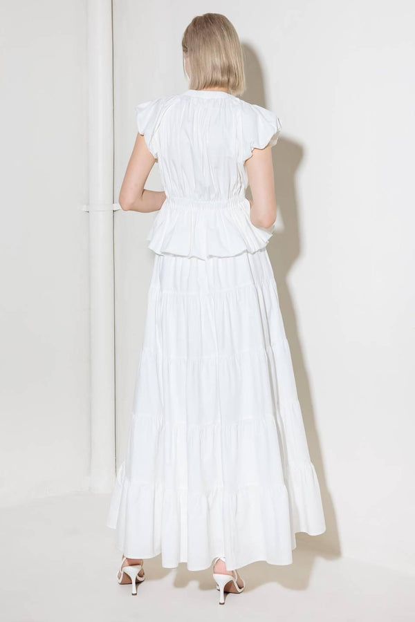 SLOW DOWN IN WHITE WOVEN TOP.
