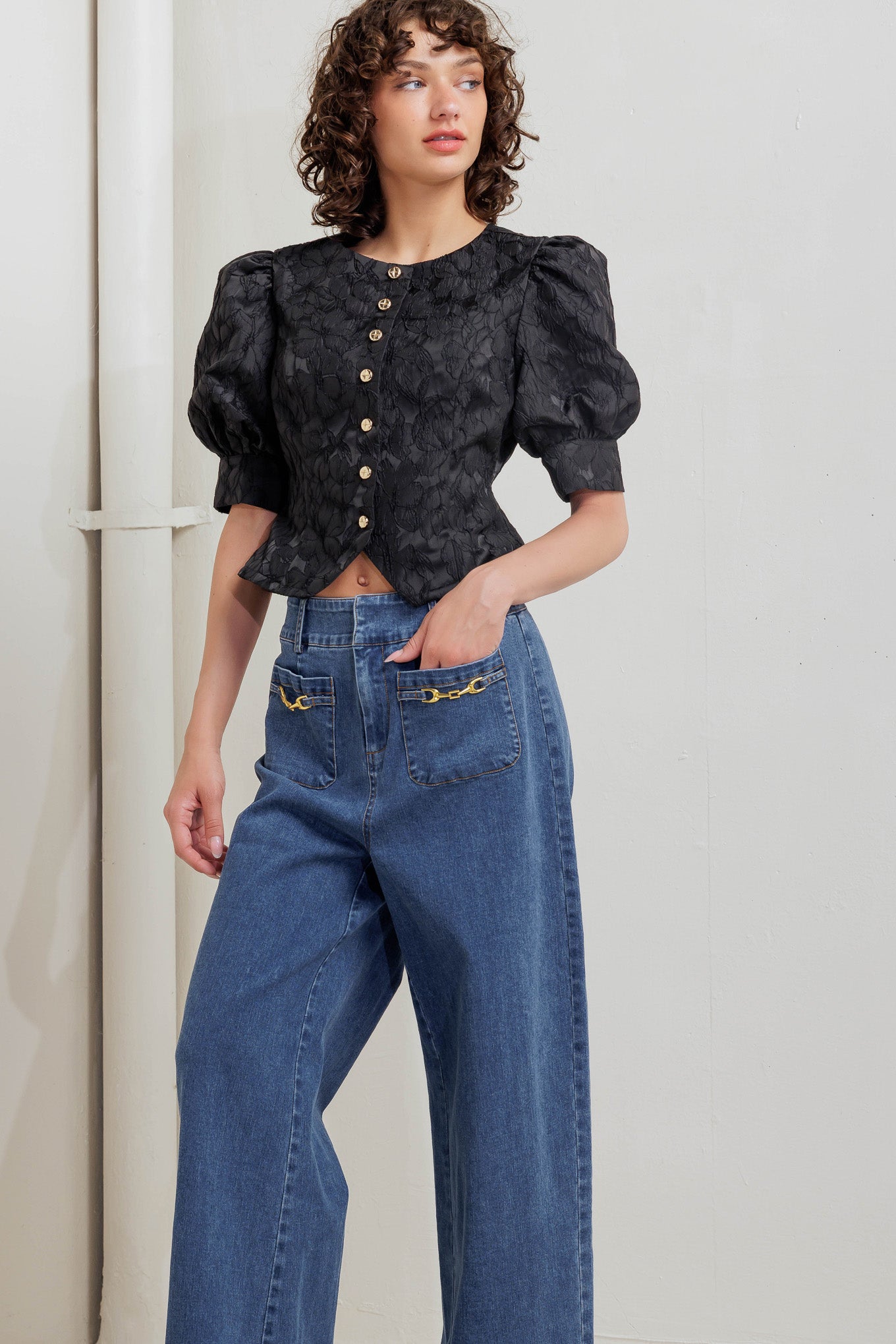 A textured woven top featuring round neckline, short puff sleeve with cuff and front button down closure