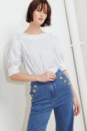 A striped woven top featuring round neckline, short puff sleeve with cuff and back button down closure