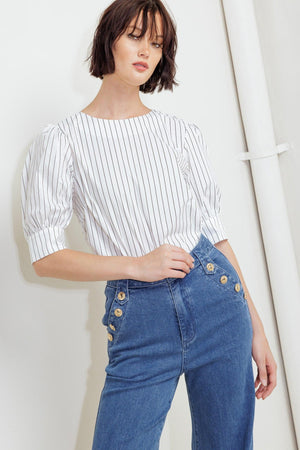 A striped woven top featuring round neckline, short puff sleeve with cuff and back button down closure