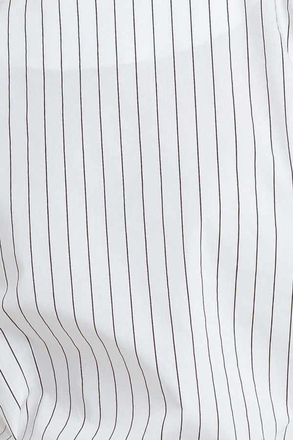 A striped woven top featuring round neckline, short puff sleeve with cuff and back button down closure
