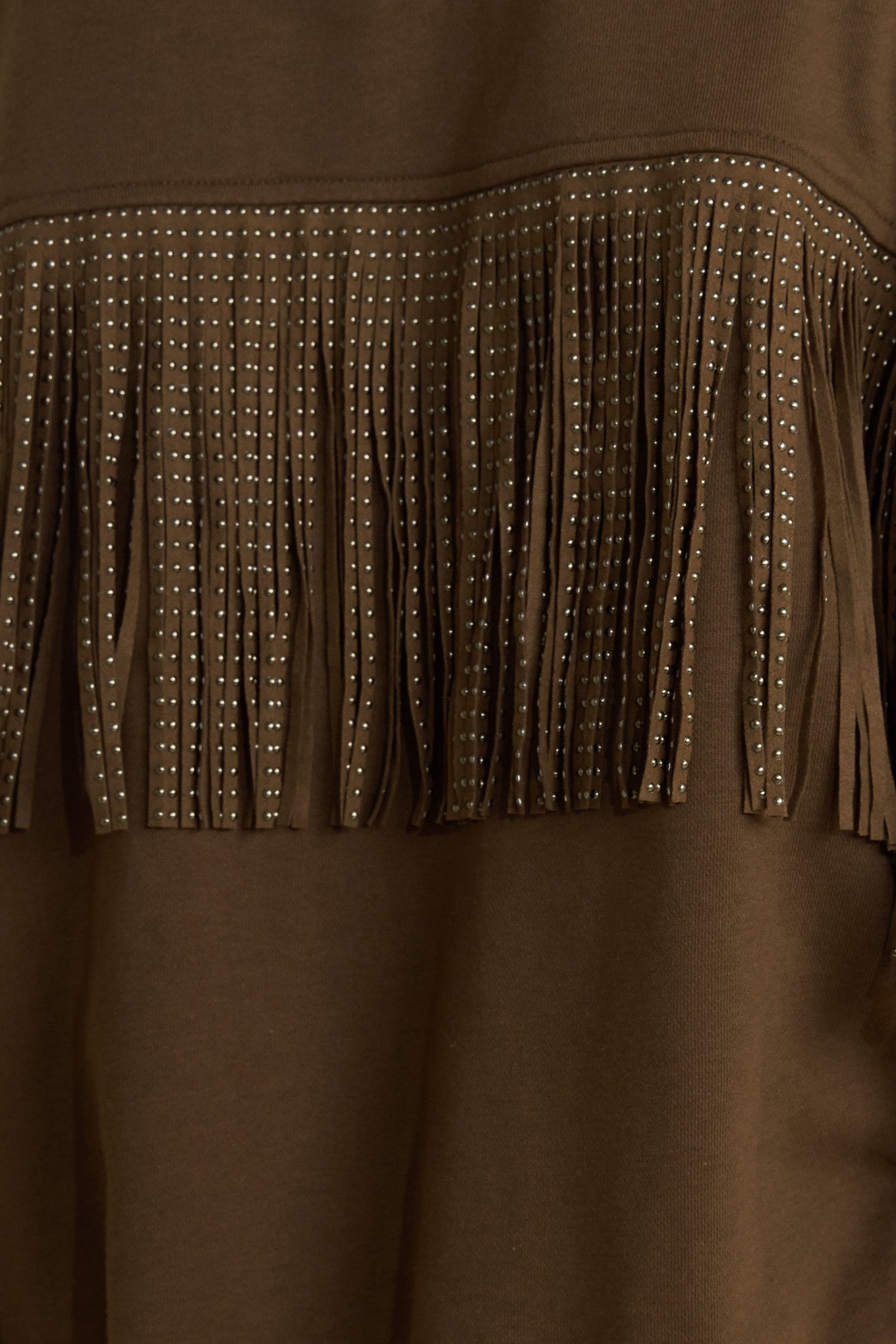A pullover knit top featuring crew neckline, long sleeve and stud embellished fringe back detail