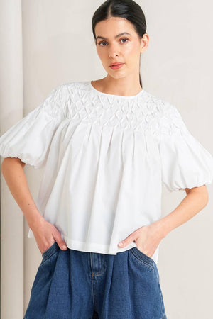 WHITE DREAM PUFF WOVEN TOP.