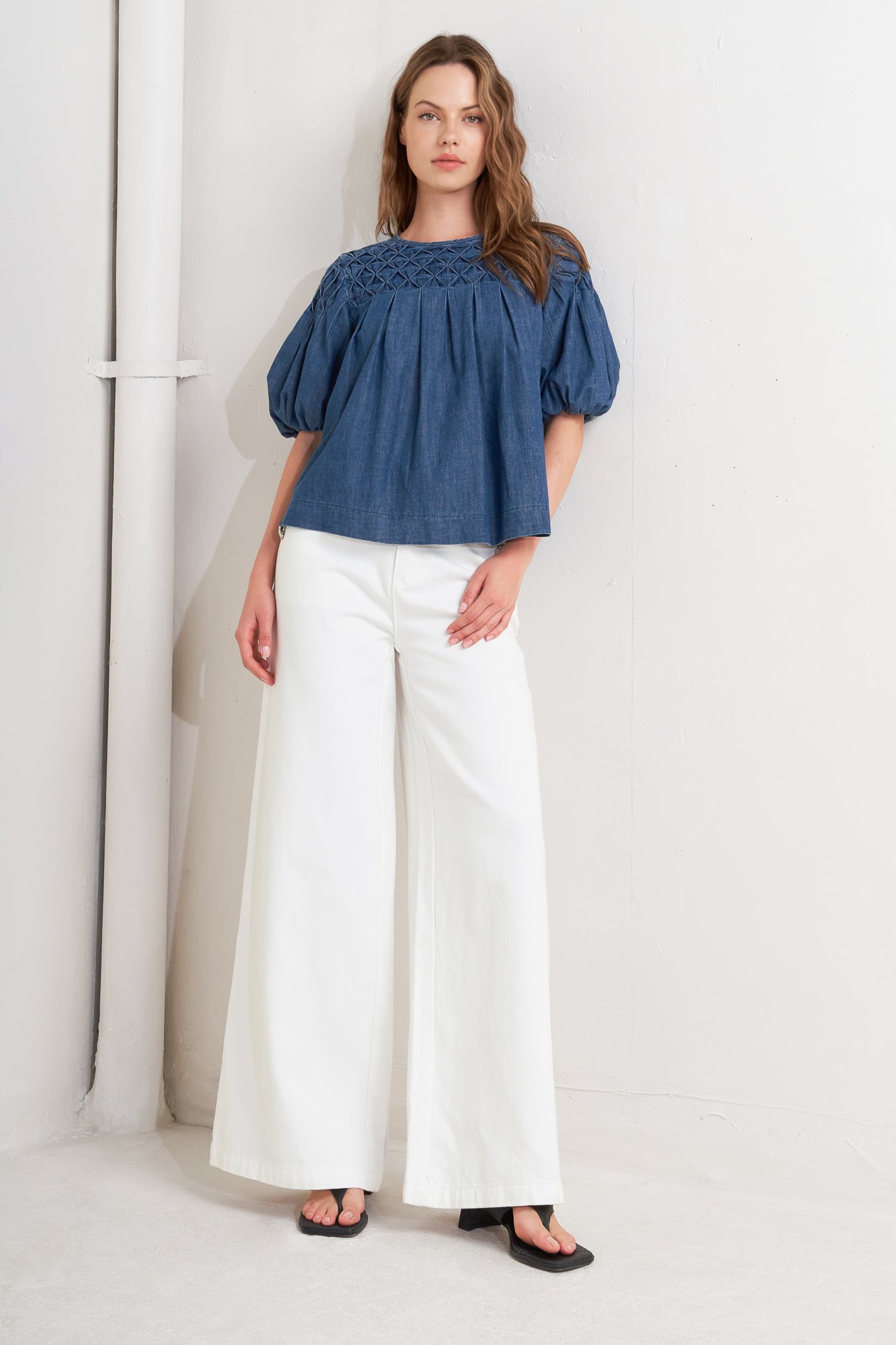 A chambray top featuring round neckline, honeycomb smocked, short bubble sleeve and back button closure