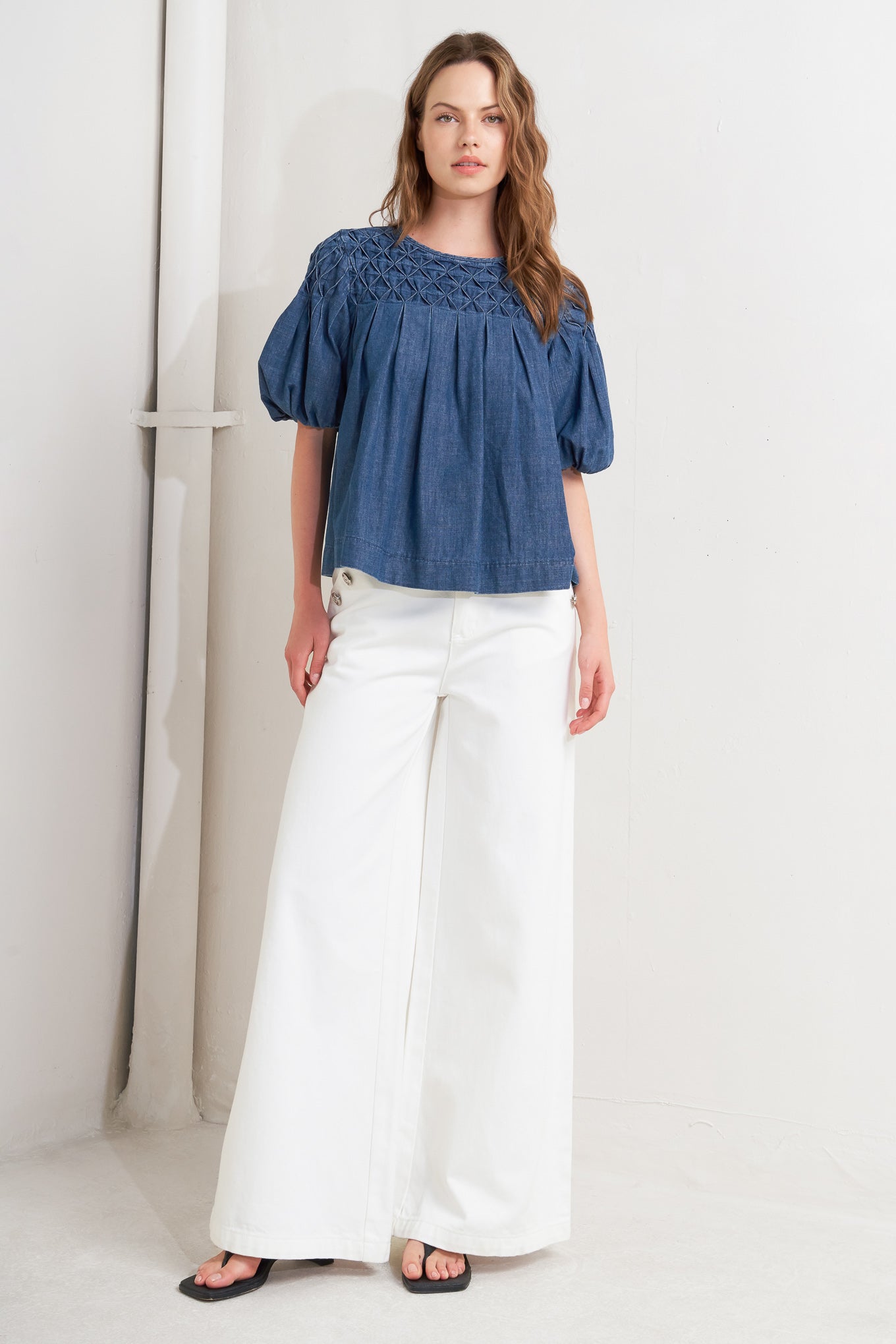 A chambray top featuring round neckline, honeycomb smocked, short bubble sleeve and back button closure