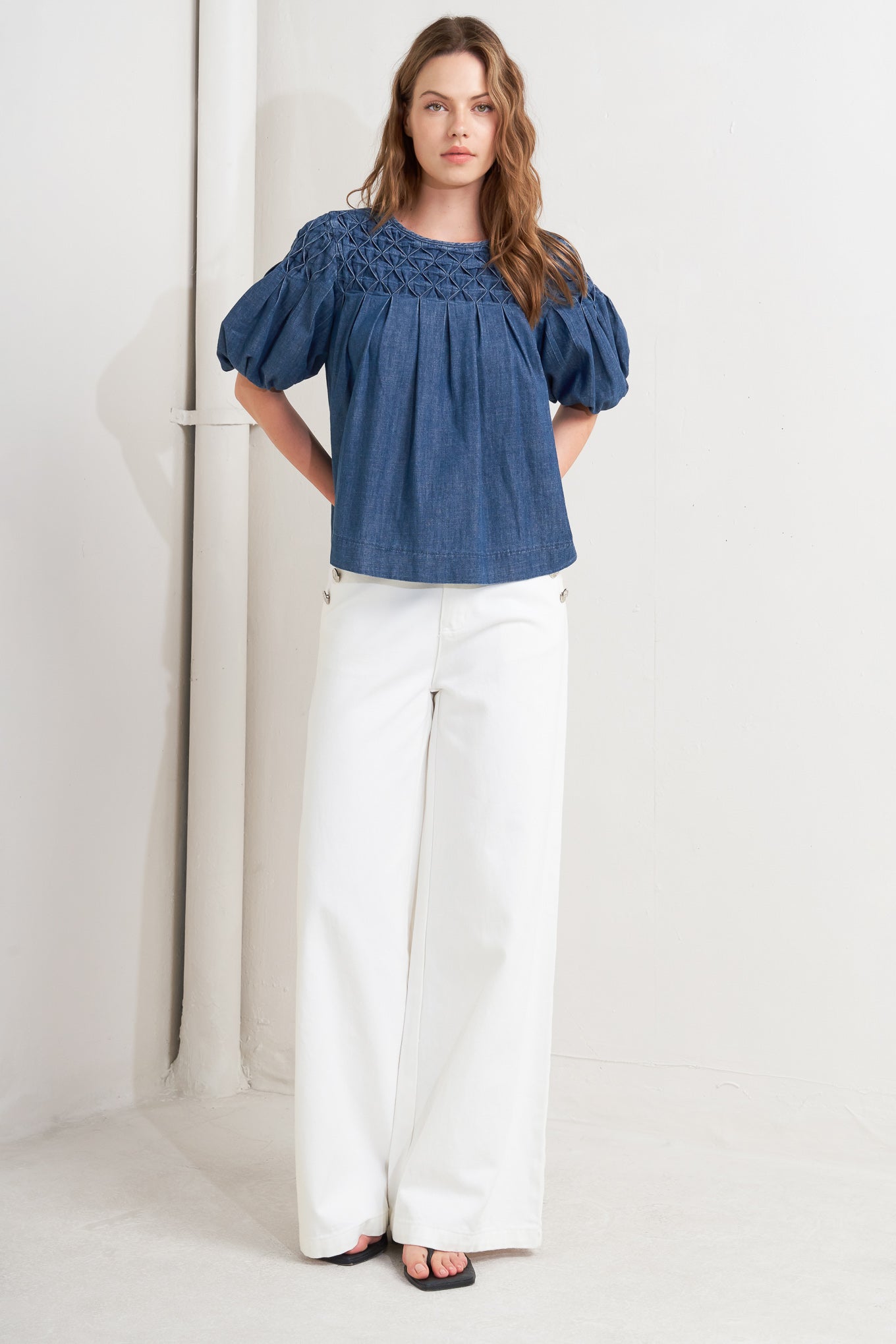 A chambray top featuring round neckline, honeycomb smocked, short bubble sleeve and back button closure