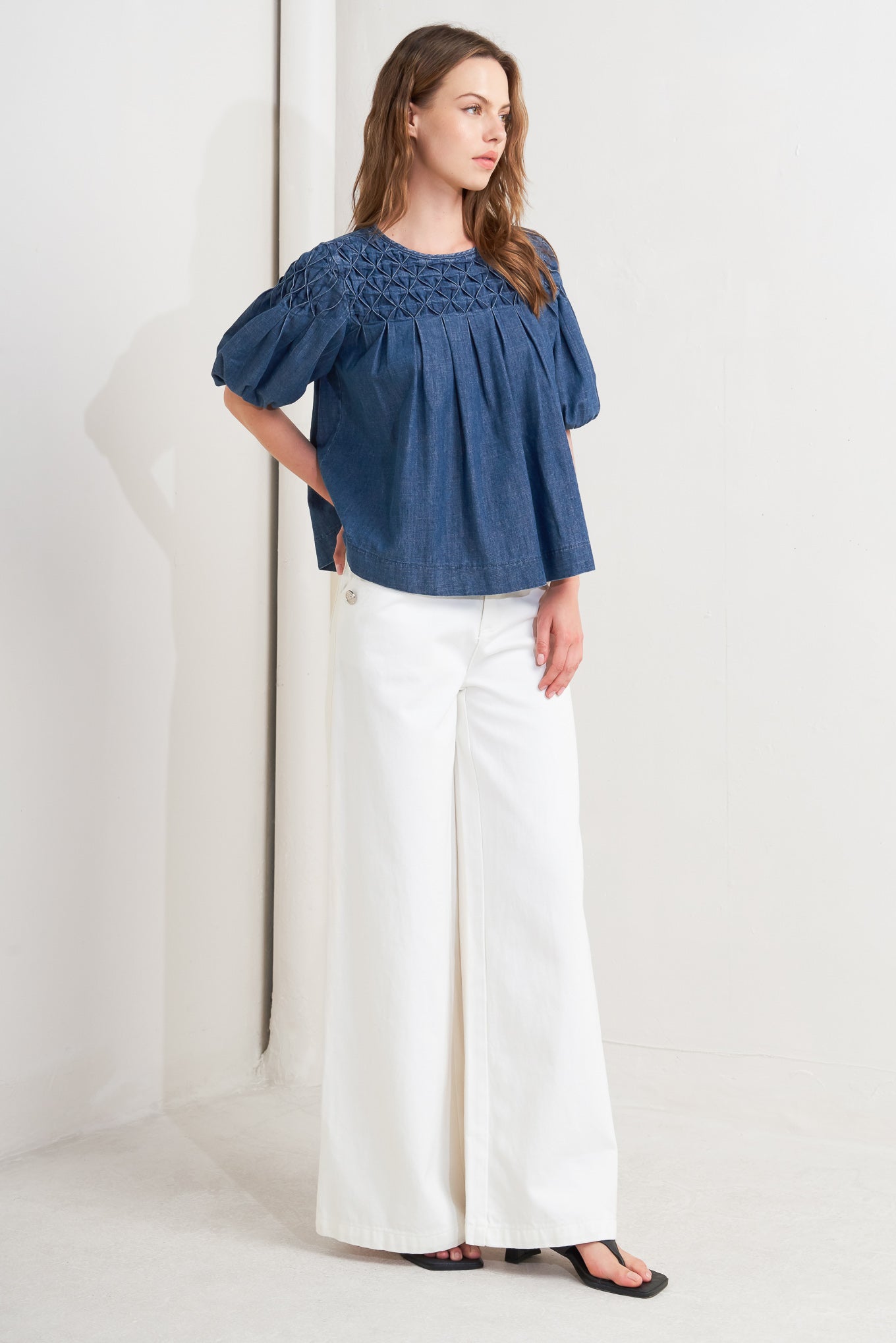 A chambray top featuring round neckline, honeycomb smocked, short bubble sleeve and back button closure