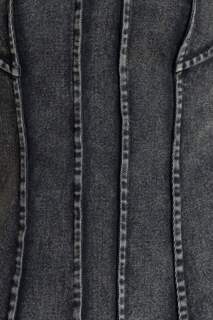 A washed denim top featuring strapless neckline and back zipper closure