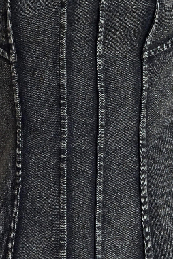 A washed denim top featuring strapless neckline and back zipper closure