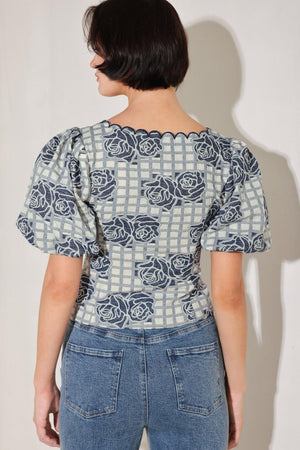 
A woven jacquard top featuring square neckline with scallop edge, short puff sleeve and button down.&nbsp;

Details:

Self : 60% Cotton 40% Polyester

Size &amp; Fit

- Model is 5`8" And Wearing Size Small
- Measurements Taken From Size Small
- Approx. Length: 19"