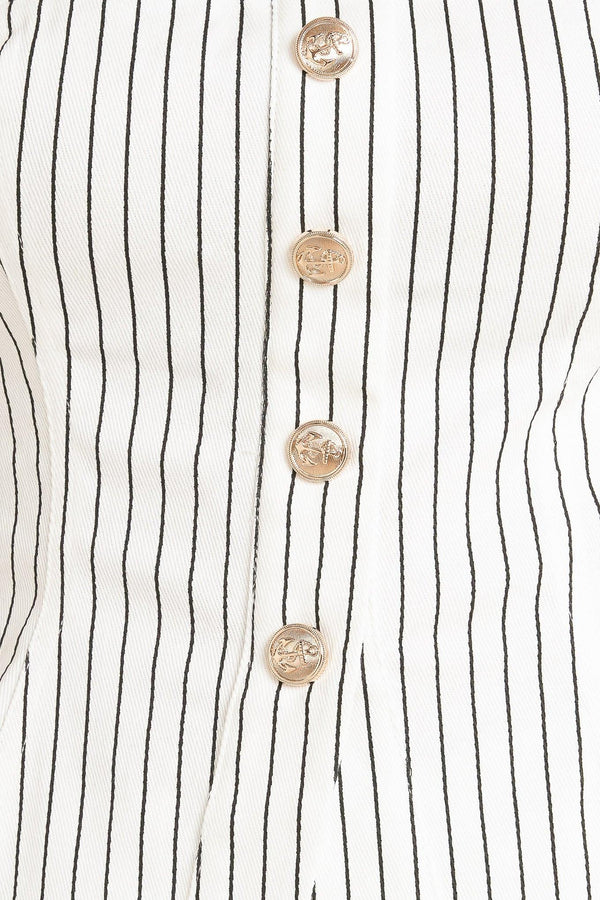EFFORTLESS FORM STRIPE WOVEN TWILL TOP.