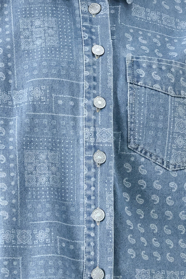 Close up of a blue bandana patterned denim jacket with front closure | FREEMARKET | Flying Tomato