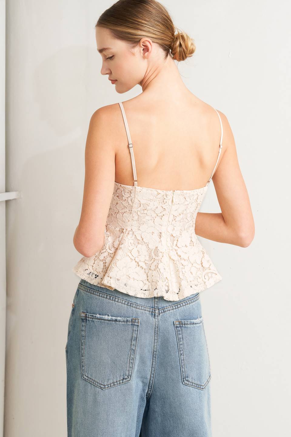 PURELY ROMANTIC WOVEN LACE CAMI TOP.