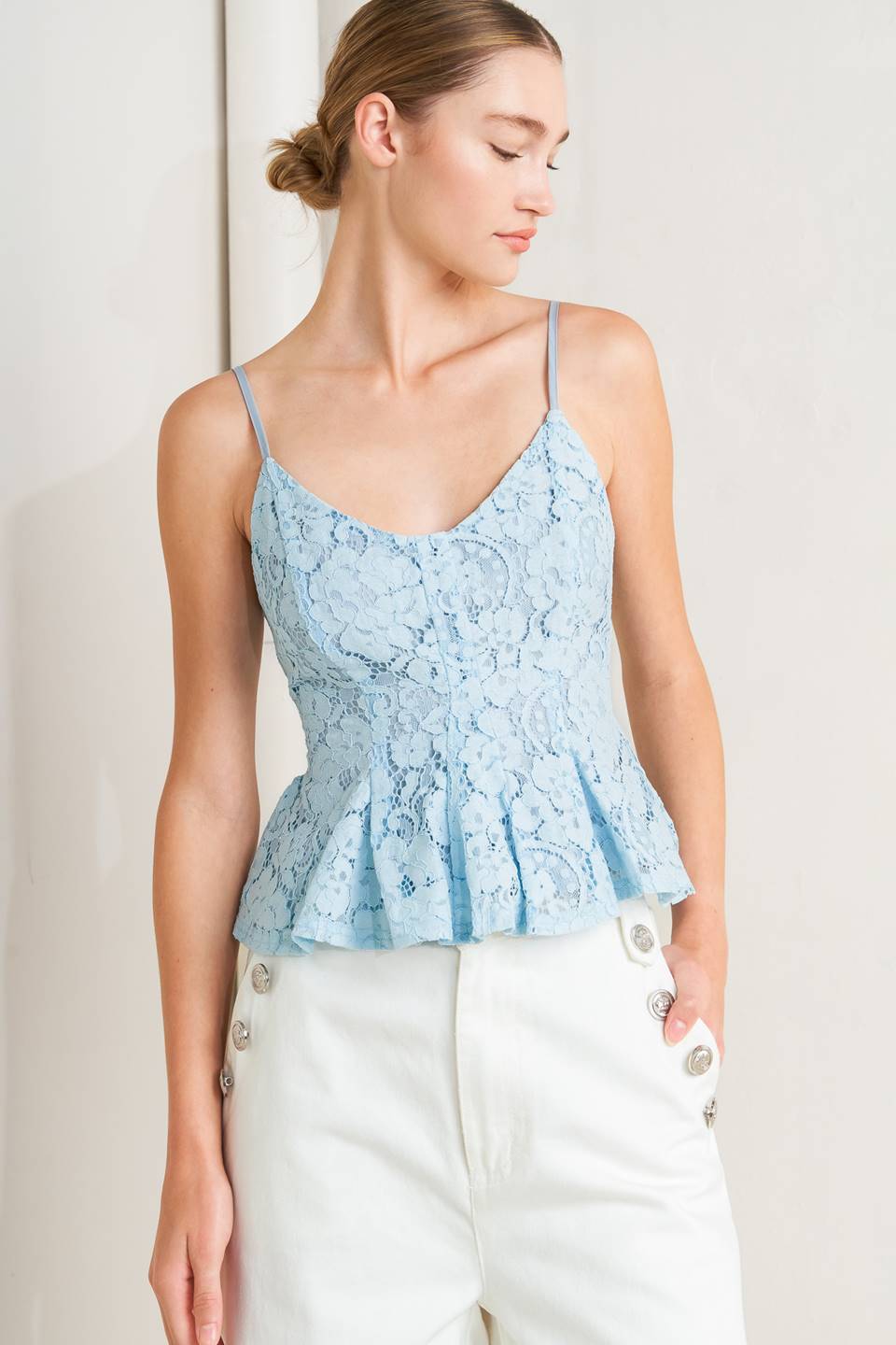 PURELY ROMANTIC WOVEN LACE CAMI TOP.