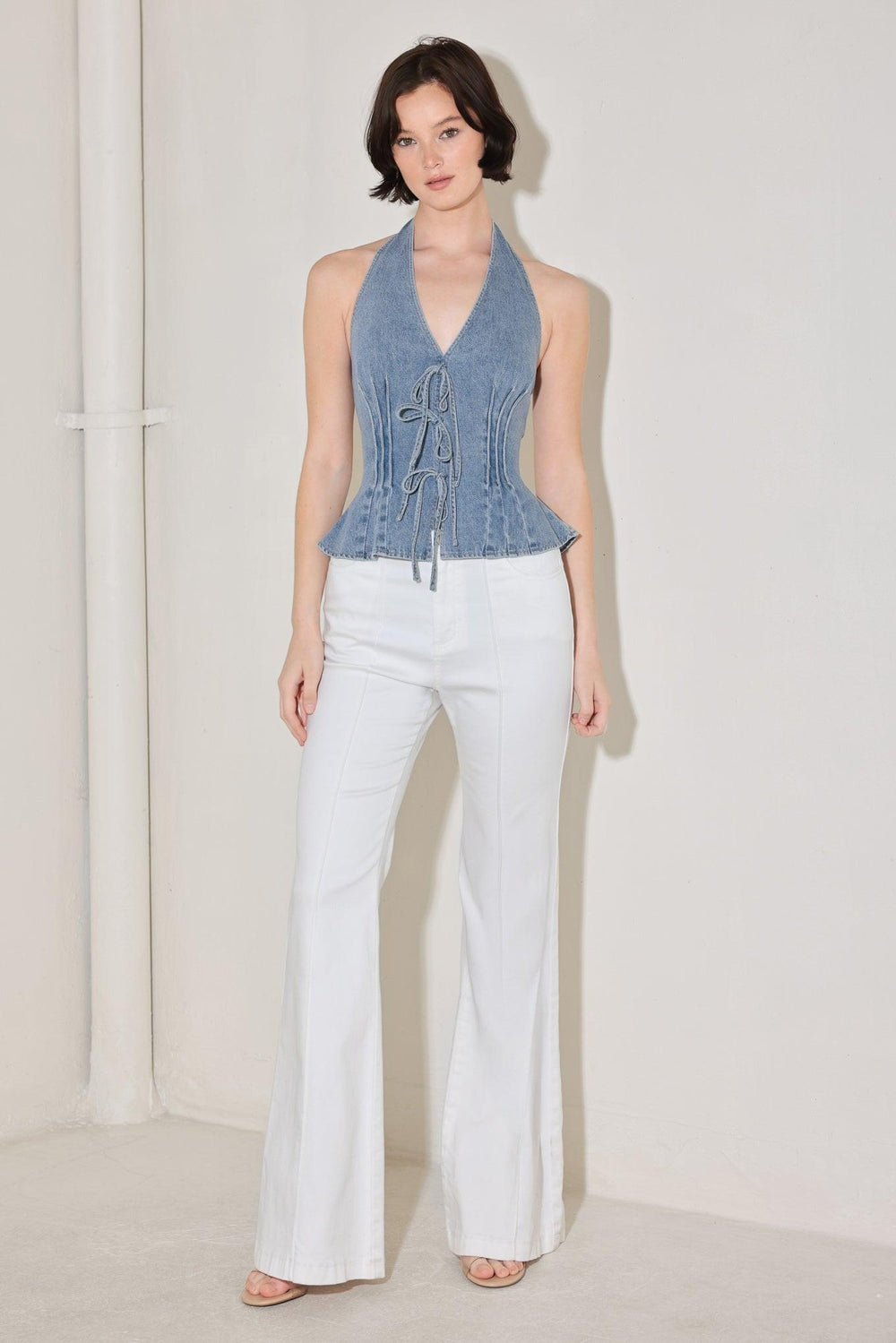 RETRO RISE HALTER DENIM TOP.