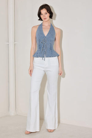 RETRO RISE HALTER DENIM TOP.