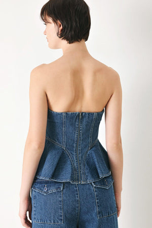 BLUE BLOSSOM BUSTIER DENIM TOP.