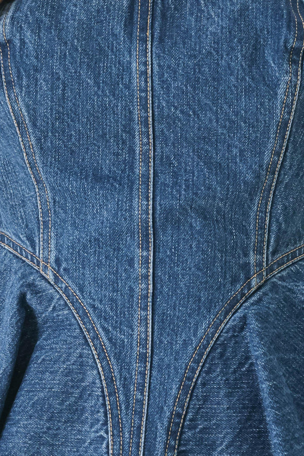 BLUE BLOSSOM BUSTIER DENIM TOP.
